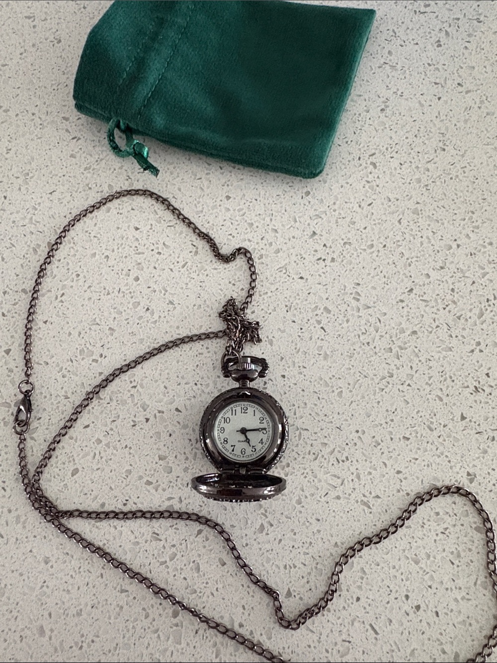 Vintage-Style Pocket Watch Pendant Necklace in Dark Silver